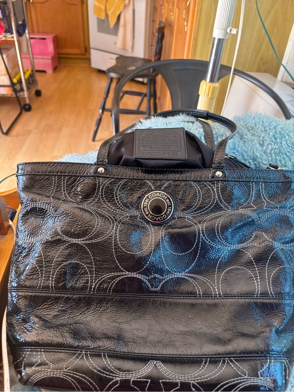 Coach Black Patent Signature Circle Tote